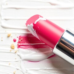 A vibrant red lip balm is partially out of its container and smeared across a clean backdrop amidst small crumb fragments. This scene captures the.