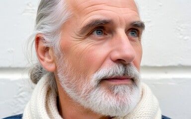 Elderly man with gray hair and white beard in winter outdoor setting, serious expression. Use: travel documentary cover, senior living advertisement.