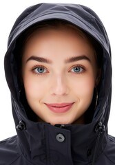 A young woman models a dark hooded rain jacket against a plain white background in this professional product shot. The weather-resistant outerwear.