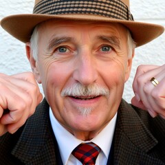 An elderly gentleman with a mustache and hat smiles confidently in formal attire. Use: business profile, educational materials, senior industry.