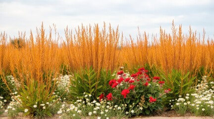 Tall golden grass sways gently with vibrant red and white wildflowers at ground level on a cloudy day; this serene landscape showcases natural.