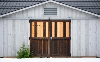 A white wooden barn with a dark gray shingle roof stands in snowy weather, featuring natural green plants at its base. Use: rural lifestyle.