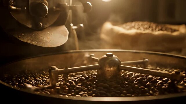 Close up of fresh coffee beans roasting in a professional coffee roaster machine with steam rising