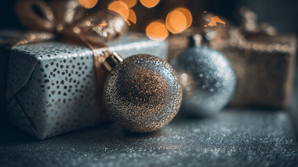A close-up of sparkling Christmas ornaments placed on top of gift boxes ,Cristmas, photo style