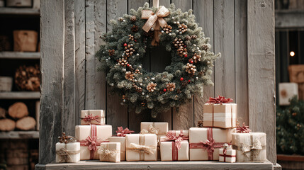 A Christmas wreath hanging above a pile of small gift boxes ,Cristmas, photo style