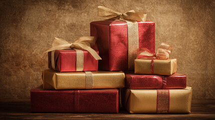 A stack of differently sized presents wrapped in gold and red paper ,Cristmas, photo style