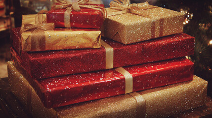 A stack of differently sized presents wrapped in gold and red paper ,Cristmas, photo style