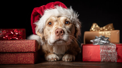 Cute pets (dog or cat) wearing Christmas hats surrounded by presents ,Cristmas, photo style