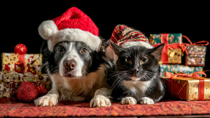 Cute pets (dog or cat) wearing Christmas hats surrounded by presents ,Cristmas, photo style
