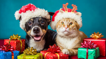 Cute pets (dog or cat) wearing Christmas hats surrounded by presents ,Cristmas, photo style