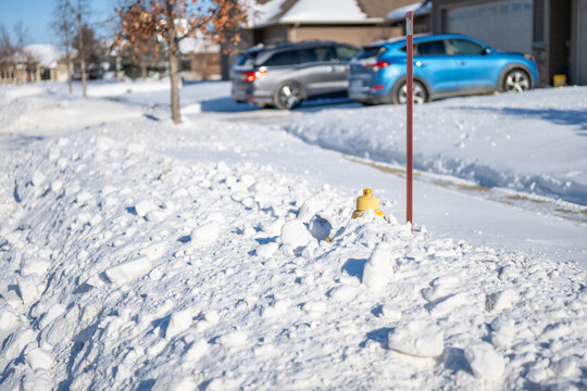Snow covers fire hydrant next to parked cars in residential area during winter day in suburban neighborhood