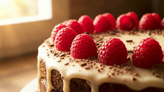Close up of a delicious chocolate cake with white frosting and fresh raspberries on top