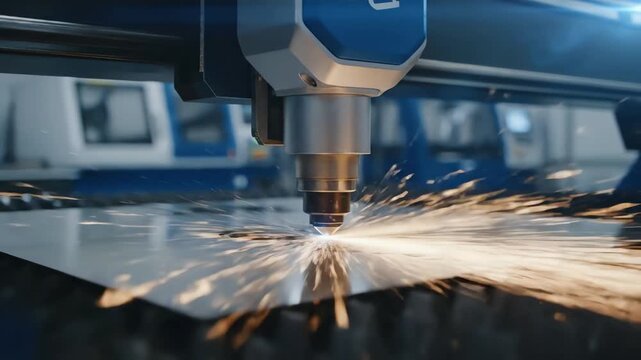 High tech laser cutting machine precisely cuts intricate pattern into metal sheet with sparks flying