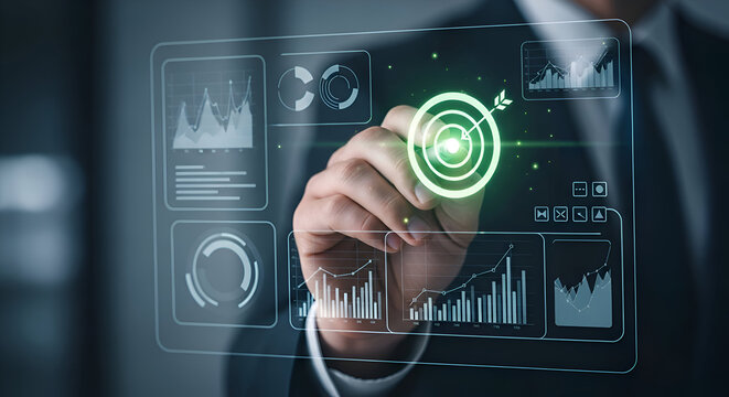 Businessman touching virtual screen with target icon and business analytics dashboard. - Powered by Adobe