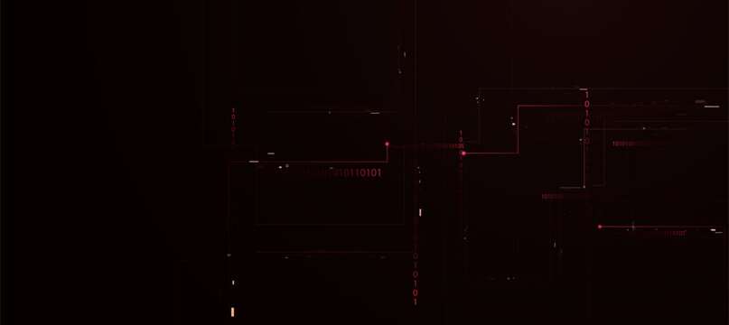 Futuristic Digital Hacking Interface Background with Glowing black red circuit and Tech Elements Binary Code background