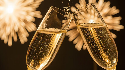 Two elegant crystal champagne flutes clinking together, bubbles rising, golden bokeh fireworks in the distant background.