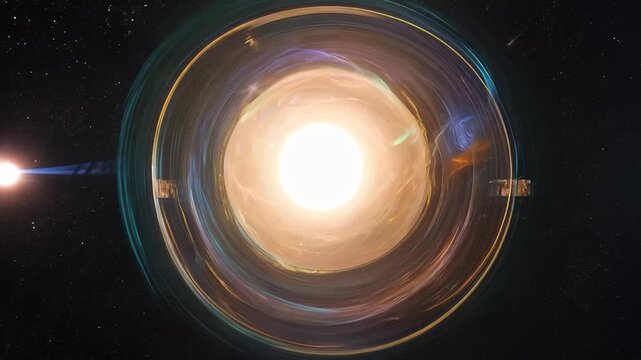 A bright star radiates at the center of a swirling cosmic scene, surrounded by vibrant colors and patterns of light. This star and the cosmic patterns create a mesmerizing space display.