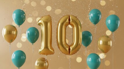 A celebratory shot features a gold "10" balloon flanked by teal and gold balloons
