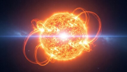 A celestial body flares with intense light, surrounded by energy loops in deep space