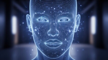 A digital human face, rendered with a wireframe, with points of light