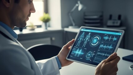 A doctor in a white coat examines medical data displayed on a tablet computer