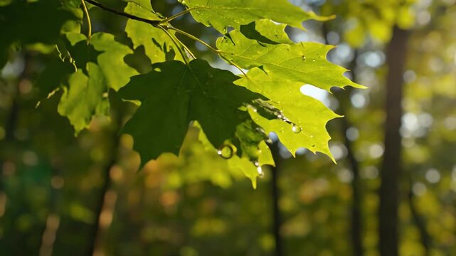 Close up of green maple leaves with dew drops glistening in the warm sunlight filtering through forest trees