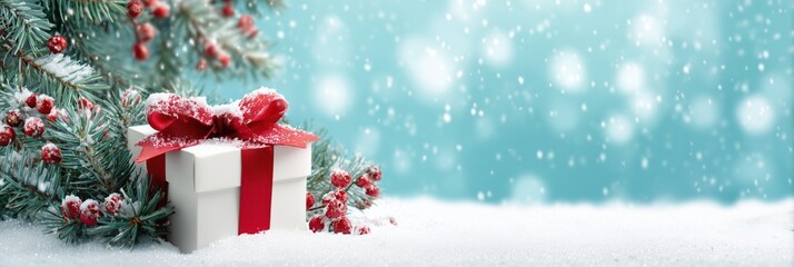 christmas background with a white gift box and red ribbon on snow, with space for text new year concept banner with a light blue sky, bokeh lights of pine tree branches, and decorations Generative AI