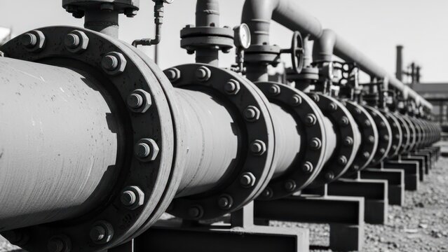 A grayscale image of industrial pipes running in a linear fashion, with large flange connectors