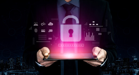 Cybersecurity protection system showing password encryption, fingerprint ID, cloud security, email, credit card, and database lock for secure data access Vouch