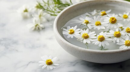 Water Bowl With Fresh Camomile Blossoms Clean Herbal Style