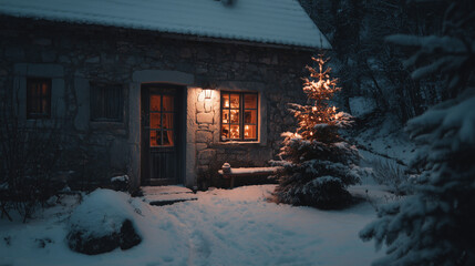 A snowy cottage with a Christmas tree glowing through the window ,Cristmas, photo style
