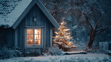 A snowy cottage with a Christmas tree glowing through the window ,Cristmas, photo style