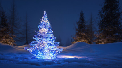 A crystal ice Christmas tree glowing with blue light in a winter landscape ,Cristmas, photo style