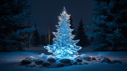 A crystal ice Christmas tree glowing with blue light in a winter landscape ,Cristmas, photo style
