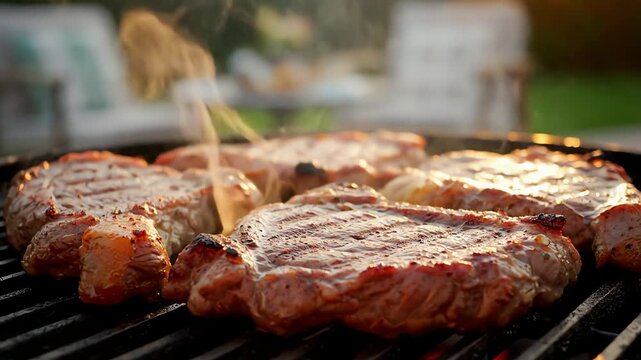 Delicious beef steaks sizzling and smoking on a hot outdoor barbecue grill during golden hour