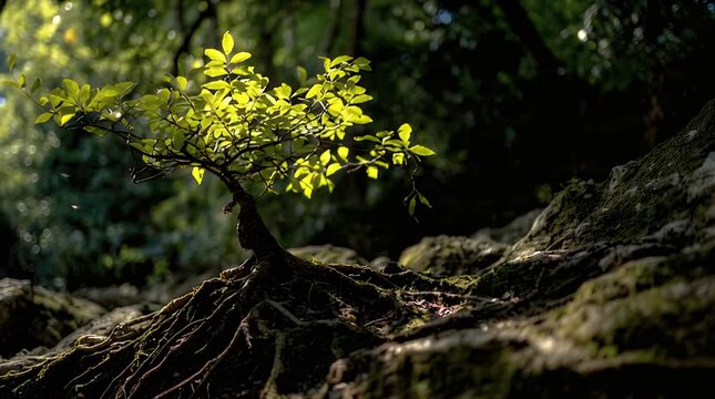 Sunlight illuminates a miniature tree on mossy roots