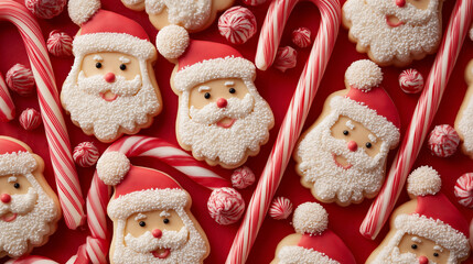 Santa-shaped cookies surrounded by red and white candy canes ,Cristmas, photo style