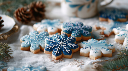 Snowflake-decorated cookies iced in blue and white on a festive tablecloth ,Cristmas, photo style