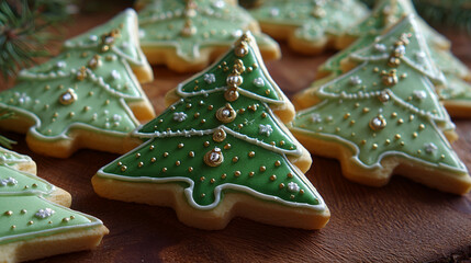 Christmas tree cookies with green icing and tiny sugar ornaments ,Cristmas, photo style