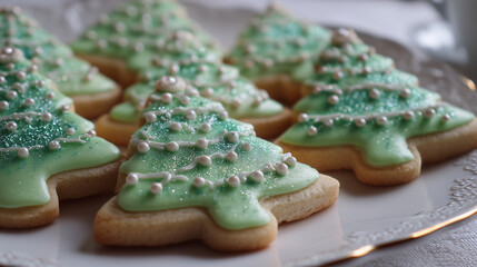 Christmas tree cookies with green icing and tiny sugar ornaments ,Cristmas, photo style