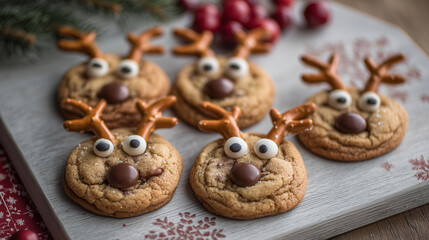 Reindeer cookies with pretzel antlers and chocolate chip eyes ,Cristmas, photo style