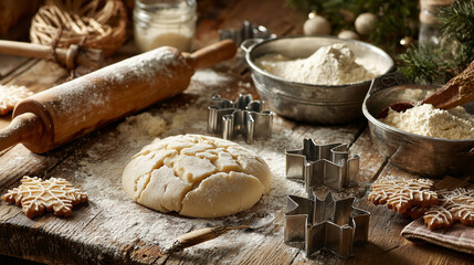 Rustic kitchen scene with dough, cookie cutters, and half-made cookies ,Cristmas, photo style