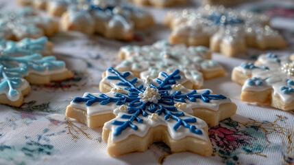 Snowflake-decorated cookies iced in blue and white on a festive tablecloth ,Cristmas, photo style