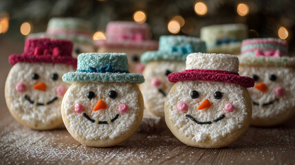 Snowman cookies with marshmallow hats and candy buttons ,Cristmas, photo style