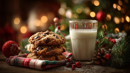 Cookies and milk left out for Santa next to a Christmas tree ,Cristmas, photo style