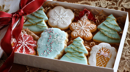 Decorated cookies packaged in a gift box with a ribbon ,Cristmas, photo style