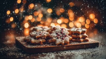 Snow-dusted cookies on a tray surrounded by holiday lights ,Cristmas, photo style