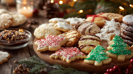 A table full of assorted Christmas cookies ready for a holiday party ,Cristmas, photo style
