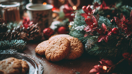 A festive morning scene with cookies next to a Christmas wreath ,Cristmas, photo style