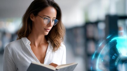 Confident young woman in glasses reading a book in a modern library, surrounded by futuristic digital elements. She is focused and inspired by knowledge and technology - Powered by Adobe